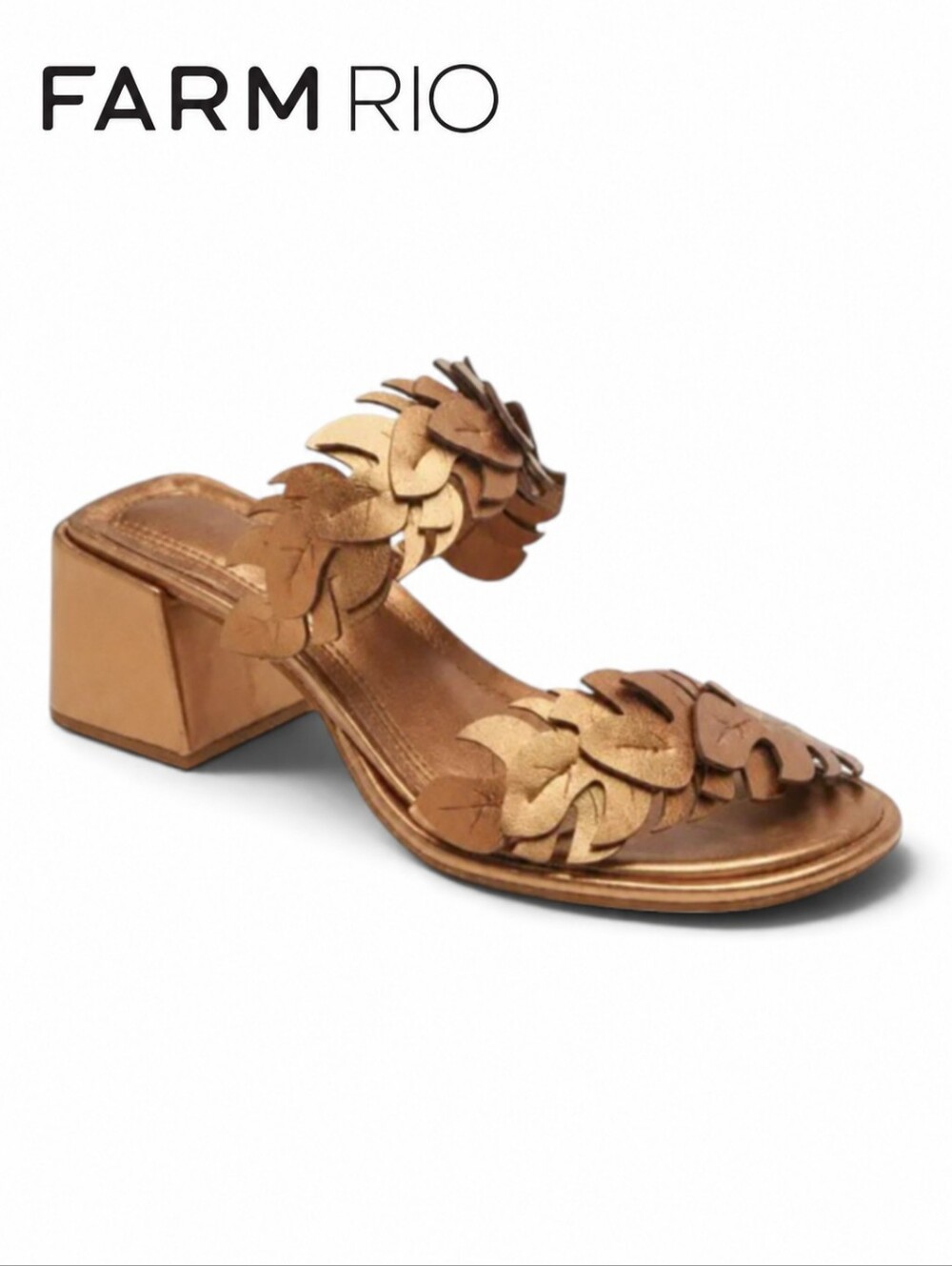 FARM RIO Metallic Bronze Monstera Leaf Strappy Block Heel Mule Sandal SZ 9